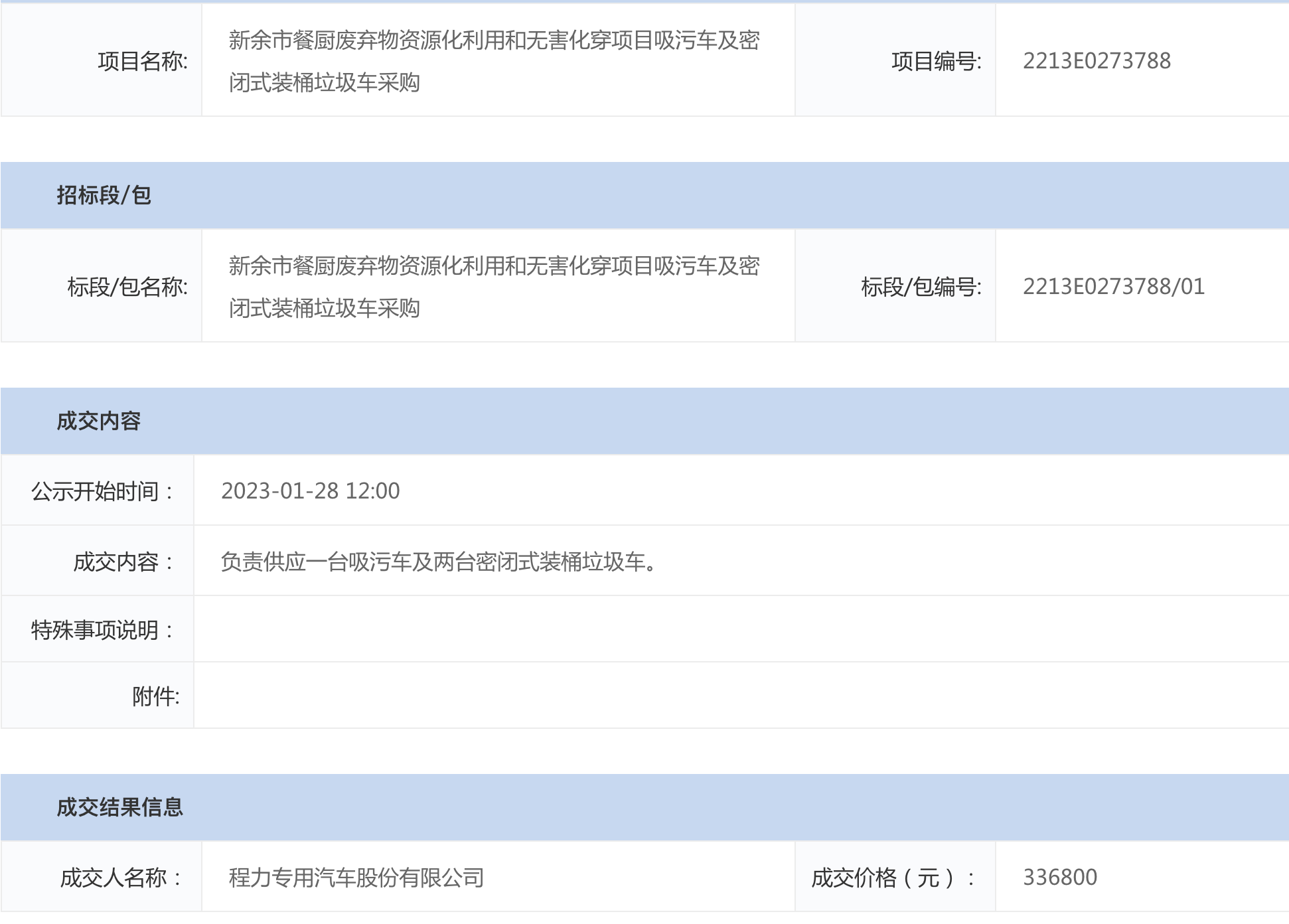 程力中標(biāo)：新余市餐廚廢棄物資源化利用和無害化穿項目吸污車及密閉式裝桶垃圾車采購結(jié)果公示